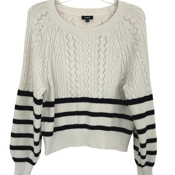 Express Women Cable Knit Long Sleeve Sweater Cream Preppy Fall School Size Small - Picture 1 of 5